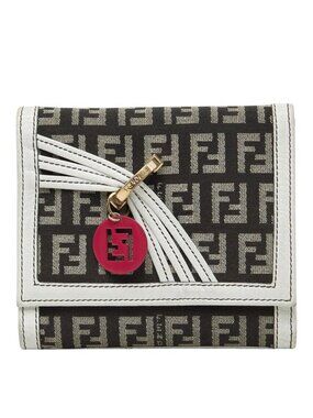 Fendi Zucchino Logo Charm Trifold Wallet White Brown Canvas Leather